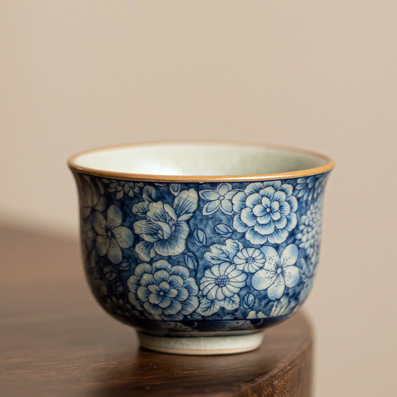 Authentic Aged Clay Blue & White Myriad Flowers Crackle Ceramic Master Teacup - 85ml Gongfu Cup