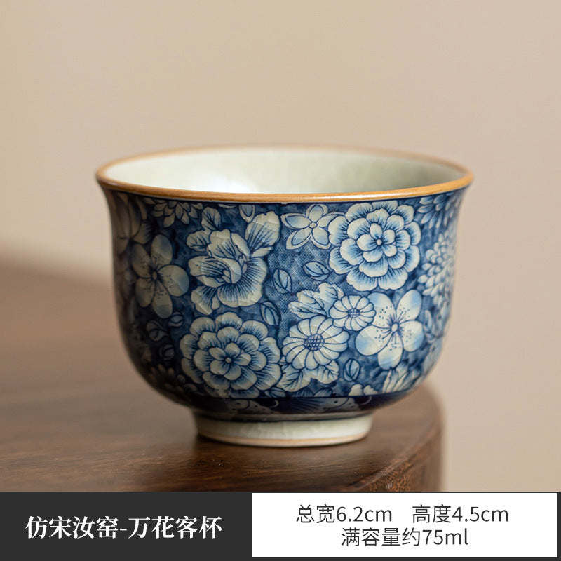Authentic Aged Clay Blue & White Myriad Flowers Crackle Ceramic Master Teacup - 85ml Gongfu Cup