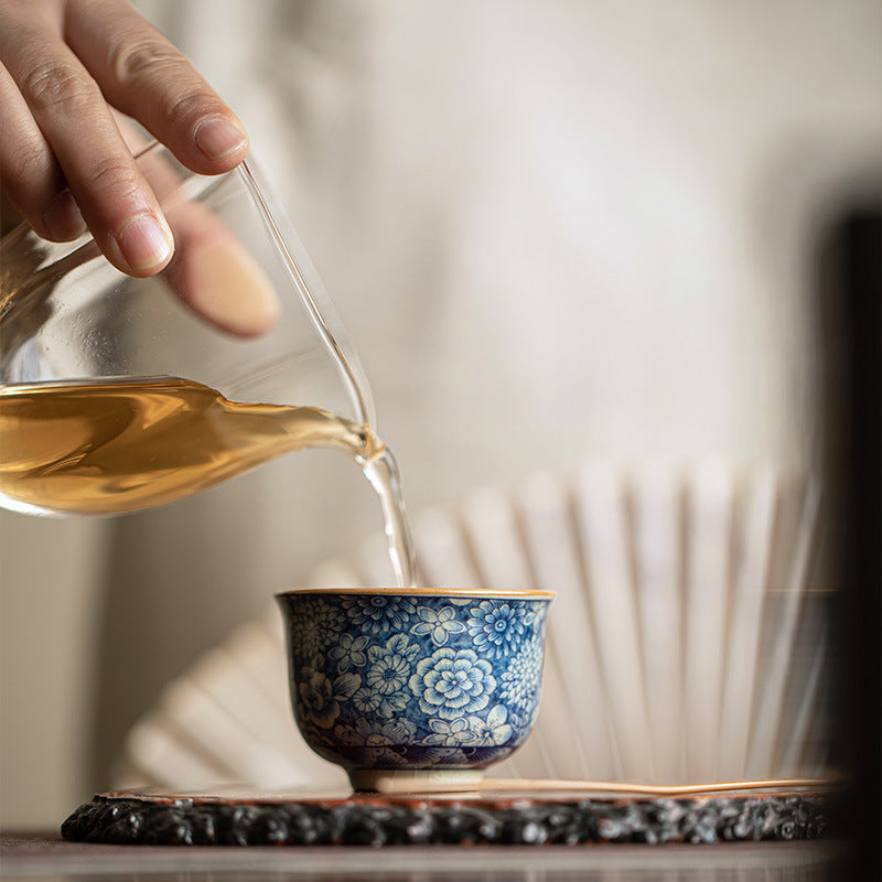 Authentic Aged Clay Blue & White Myriad Flowers Crackle Ceramic Master Teacup - 85ml Gongfu Cup