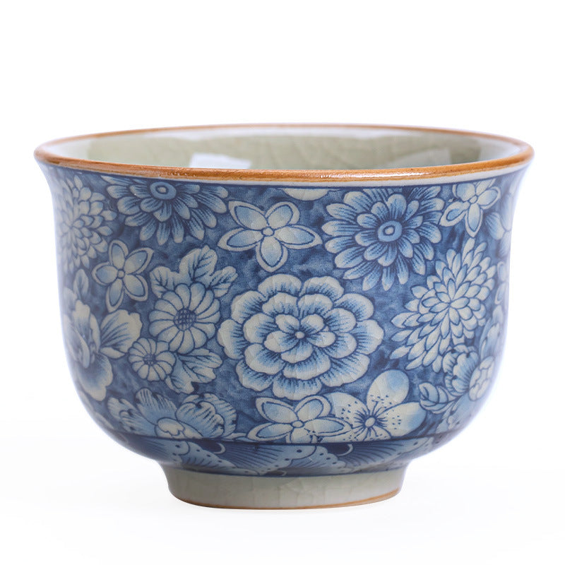 Authentic Aged Clay Blue & White Myriad Flowers Crackle Ceramic Master Teacup - 85ml Gongfu Cup