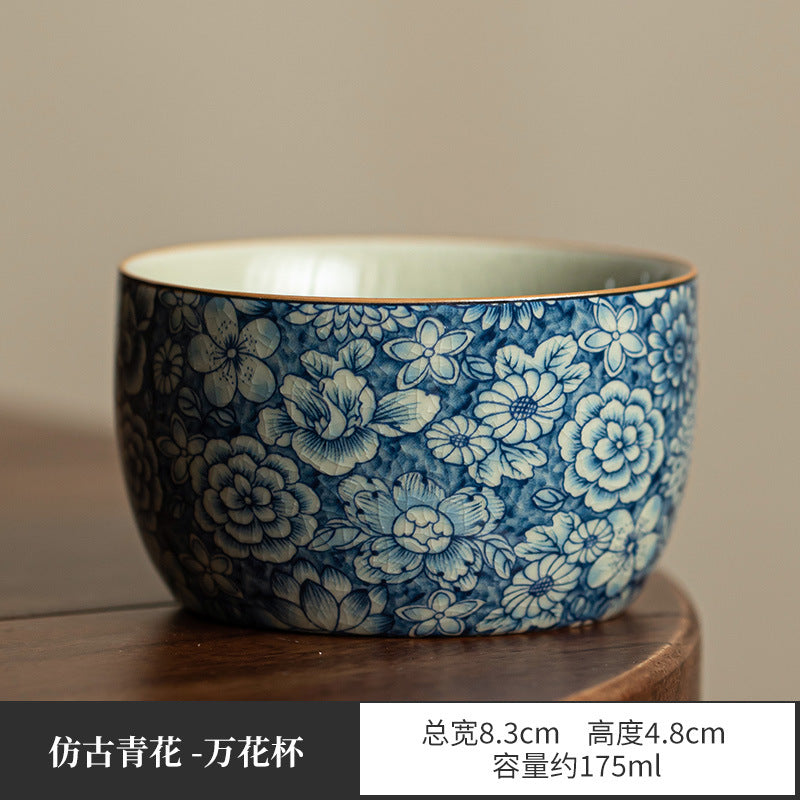 Authentic Aged Clay Blue & White Myriad Flowers Crackle Ceramic Master Teacup - 85ml Gongfu Cup