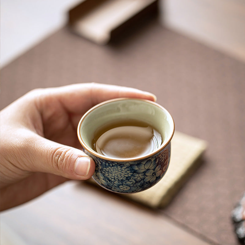 Authentic Aged Clay Blue & White Myriad Flowers Crackle Ceramic Master Teacup - 85ml Gongfu Cup