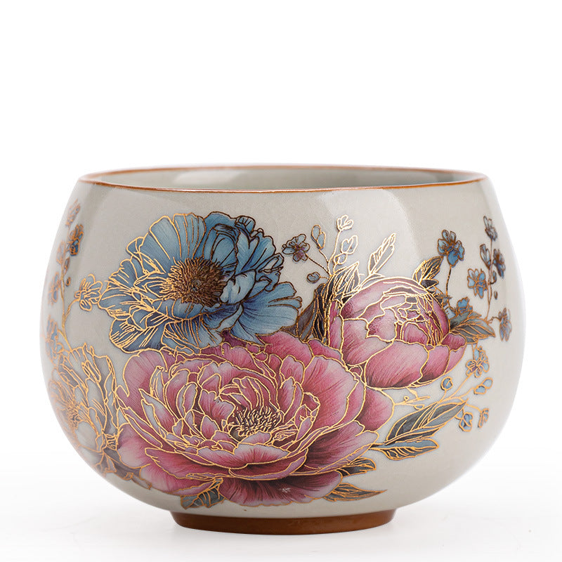 Antique Song-Style Ru Ware Celadon 24K Gilded Peony Master Teacup - 85ml Gongfu Tasting Cup