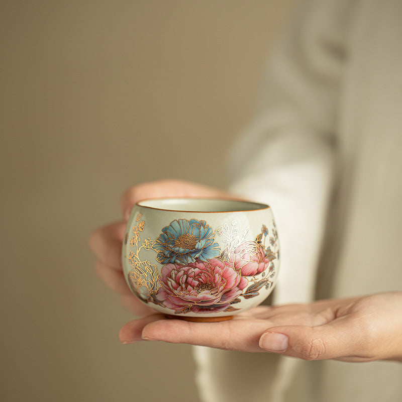 Antique Song-Style Ru Ware Celadon 24K Gilded Peony Master Teacup - 85ml Gongfu Tasting Cup