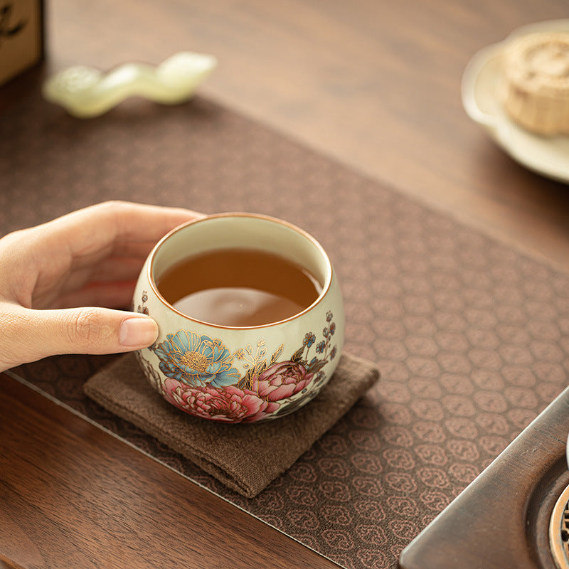 Antique Song-Style Ru Ware Celadon 24K Gilded Peony Master Teacup - 85ml Gongfu Tasting Cup