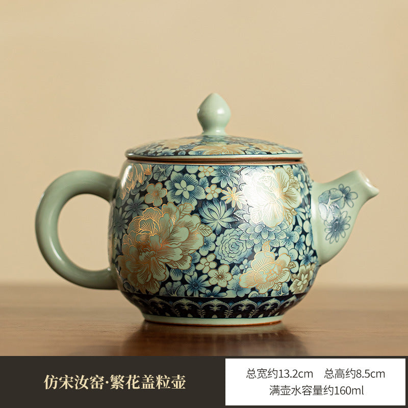Authentic Jingdezhen Ru Ware Wanhua Gilded Peony Hanwa Ceramic Teapot Set - 185ml Gongfu Suite