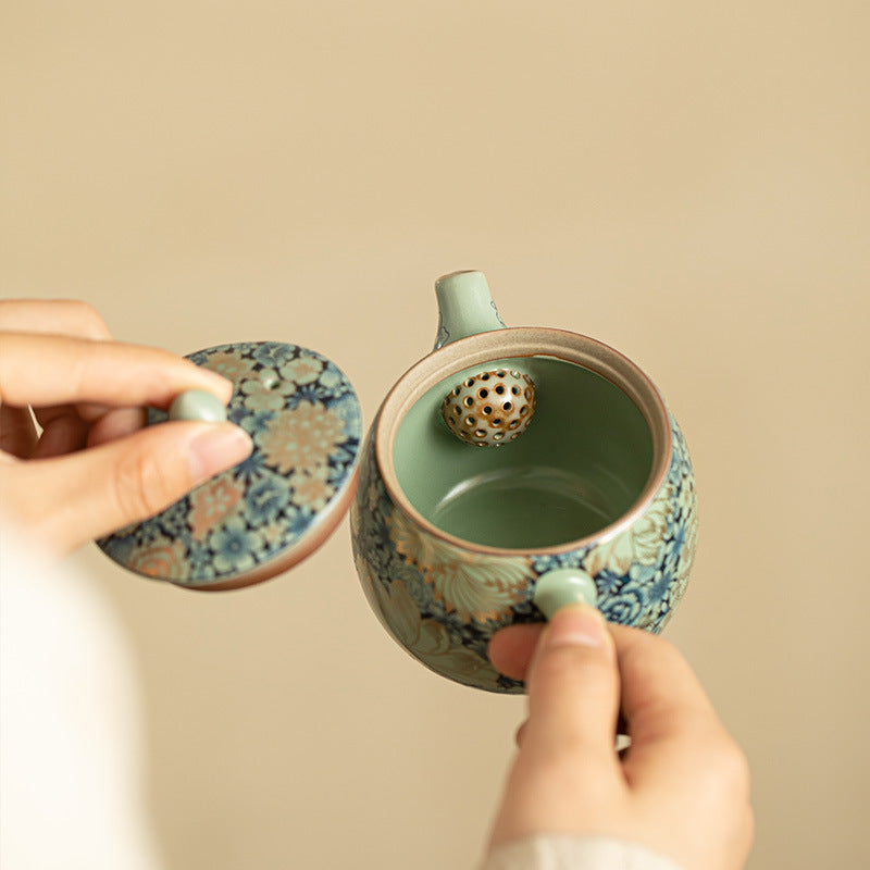 Authentic Jingdezhen Ru Ware Wanhua Gilded Peony Hanwa Ceramic Teapot Set - 185ml Gongfu Suite