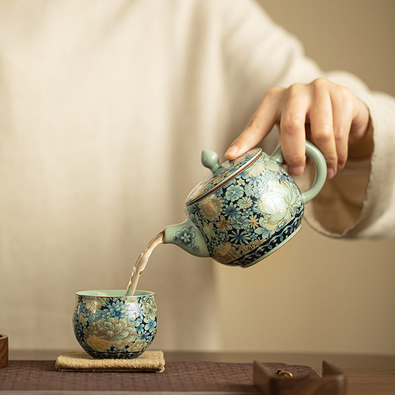 Authentic Jingdezhen Ru Ware Wanhua Gilded Peony Hanwa Ceramic Teapot Set - 185ml Gongfu Suite