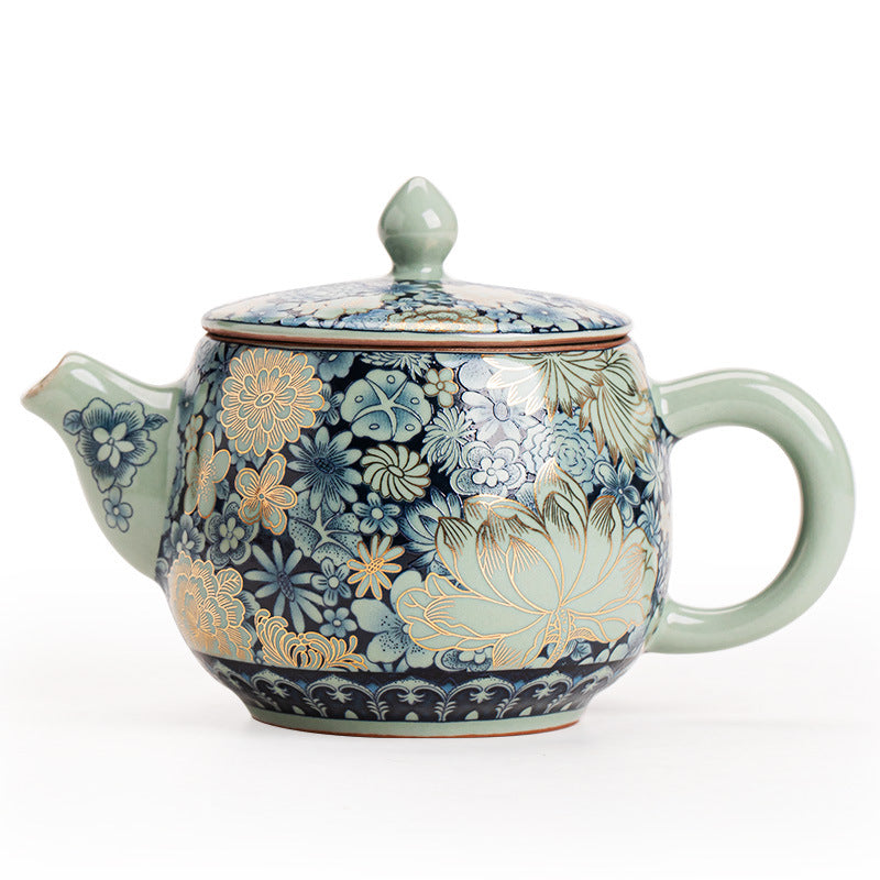 Authentic Jingdezhen Ru Ware Wanhua Gilded Peony Hanwa Ceramic Teapot Set - 185ml Gongfu Suite