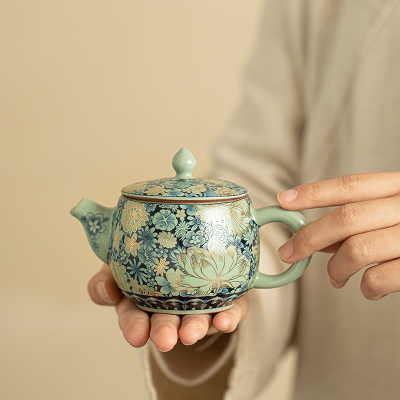 Authentic Jingdezhen Ru Ware Wanhua Gilded Peony Hanwa Ceramic Teapot Set - 185ml Gongfu Suite
