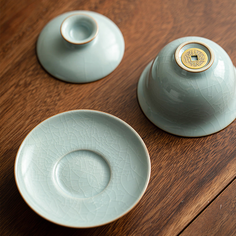 Authentic Dehua Sky-Blue Ru Ware Copper-Coin Seal San Cai Gaiwan - 165ml Anti-Scald Tea Bowl