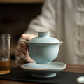 Authentic Dehua Sky-Blue Ru Ware Copper-Coin Seal San Cai Gaiwan - 165ml Anti-Scald Tea Bowl