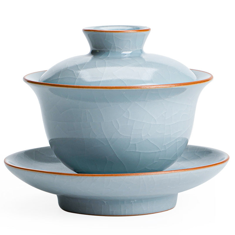 Authentic Dehua Sky-Blue Ru Ware Copper-Coin Seal San Cai Gaiwan - 165ml Anti-Scald Tea Bowl
