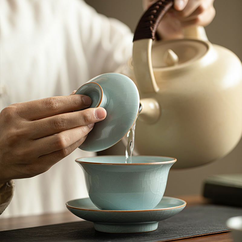 Authentic Dehua Sky-Blue Ru Ware Copper-Coin Seal San Cai Gaiwan - 165ml Anti-Scald Tea Bowl