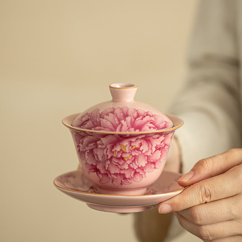 Authentic Jingdezhen Peony Pink Ru Ware Crackle San Cai Gaiwan - 160ml Gongfu Tea Bowl