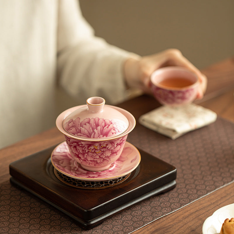 Authentic Jingdezhen Peony Pink Ru Ware Crackle San Cai Gaiwan - 160ml Gongfu Tea Bowl