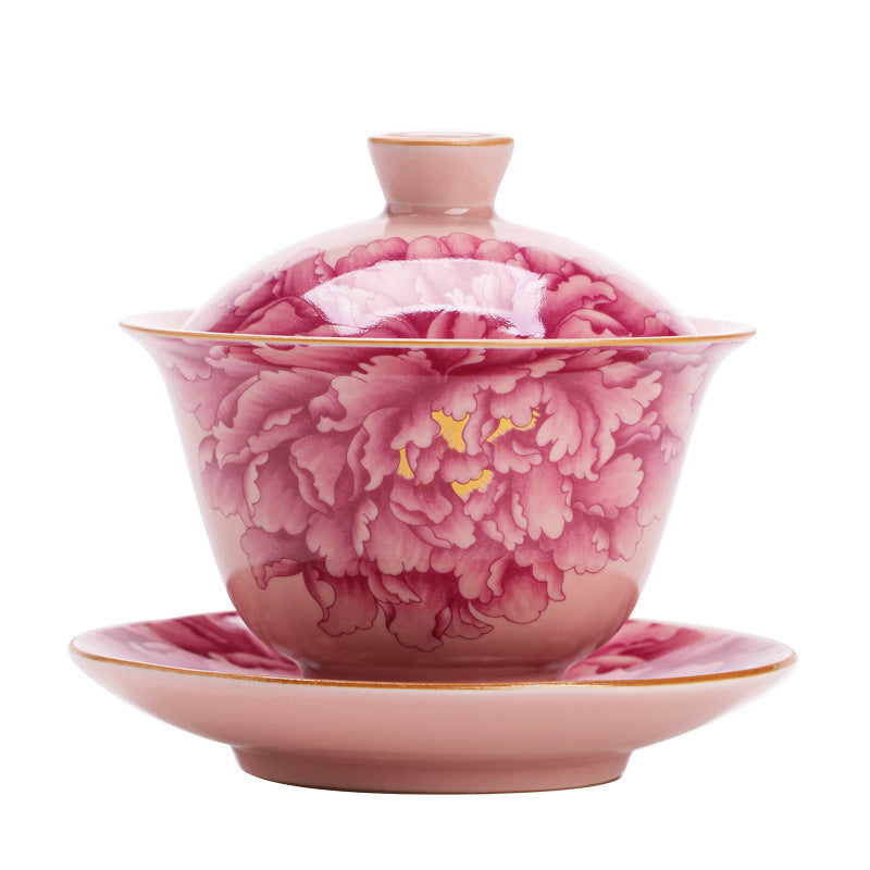 Authentic Jingdezhen Peony Pink Ru Ware Crackle San Cai Gaiwan - 160ml Gongfu Tea Bowl