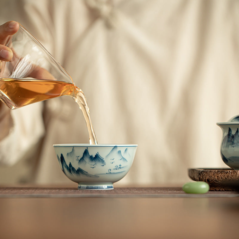Authentic Jingdezhen Antique Green Glaze Hand-Painted Shanshui Landscape Master Teacup - 110ml Gongfu Teacup