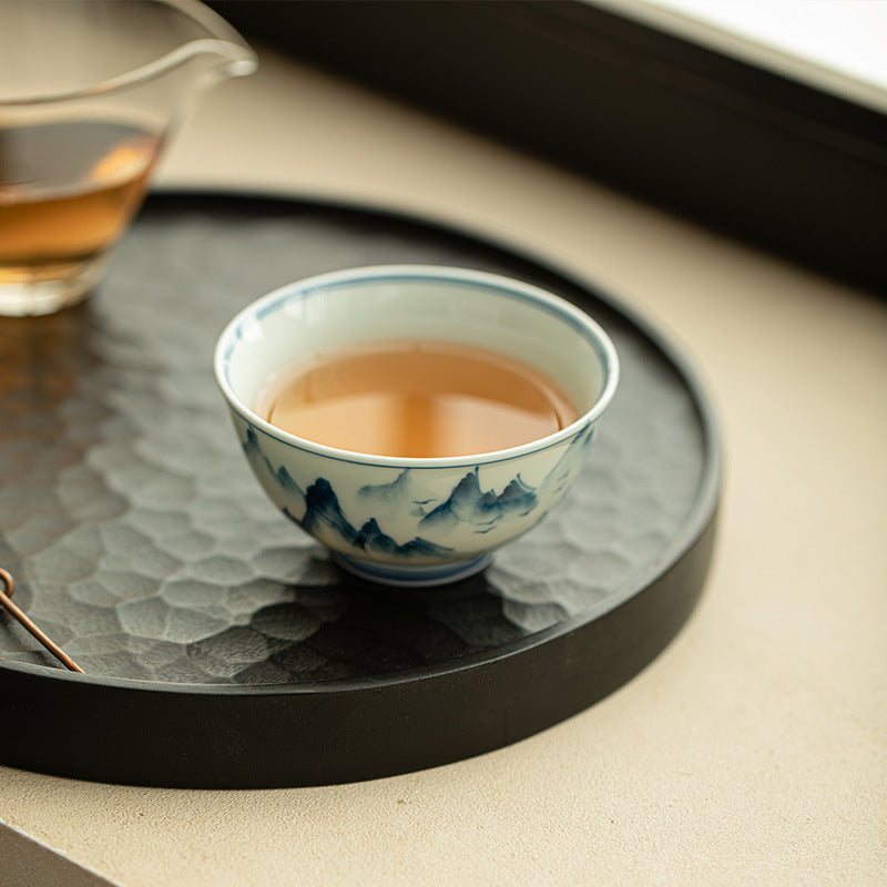 Authentic Jingdezhen Antique Green Glaze Hand-Painted Shanshui Landscape Master Teacup - 110ml Gongfu Teacup