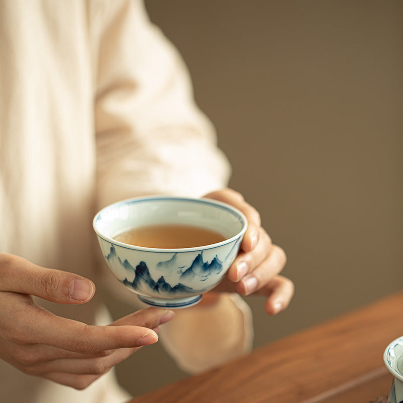 Authentic Jingdezhen Antique Green Glaze Hand-Painted Shanshui Landscape Master Teacup - 110ml Gongfu Teacup