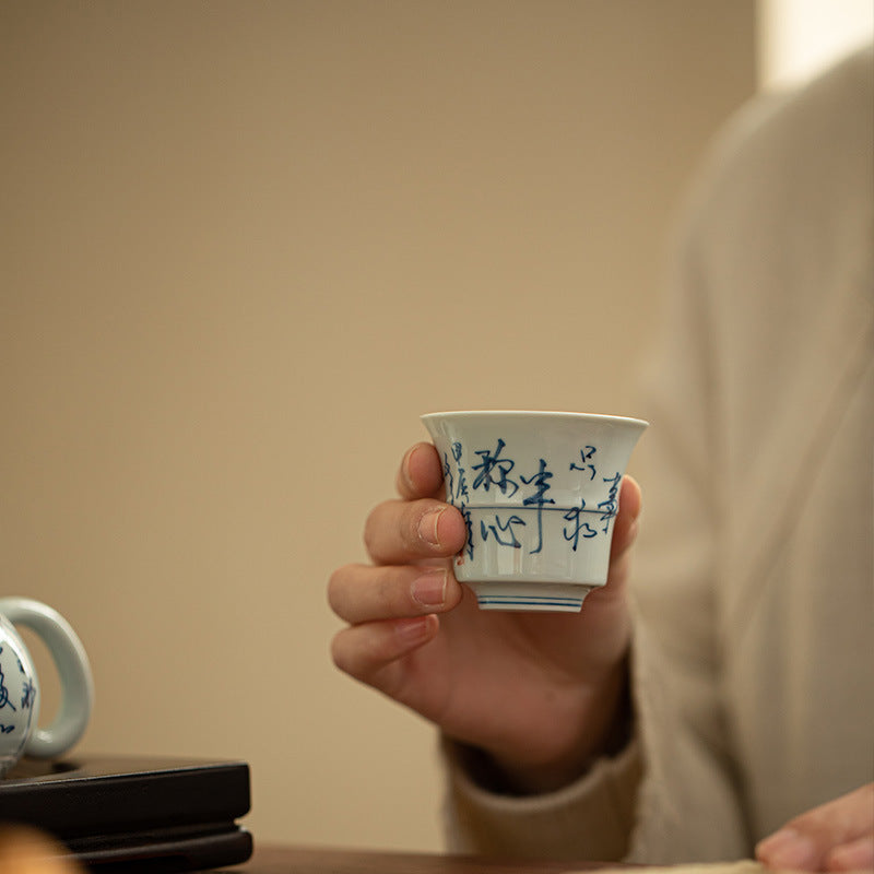 Authentic Jingdezhen Hand-Painted Blue & White Calligraphy Bamboo-Joint Master Teacup - 85ml Gongfu Teacup
