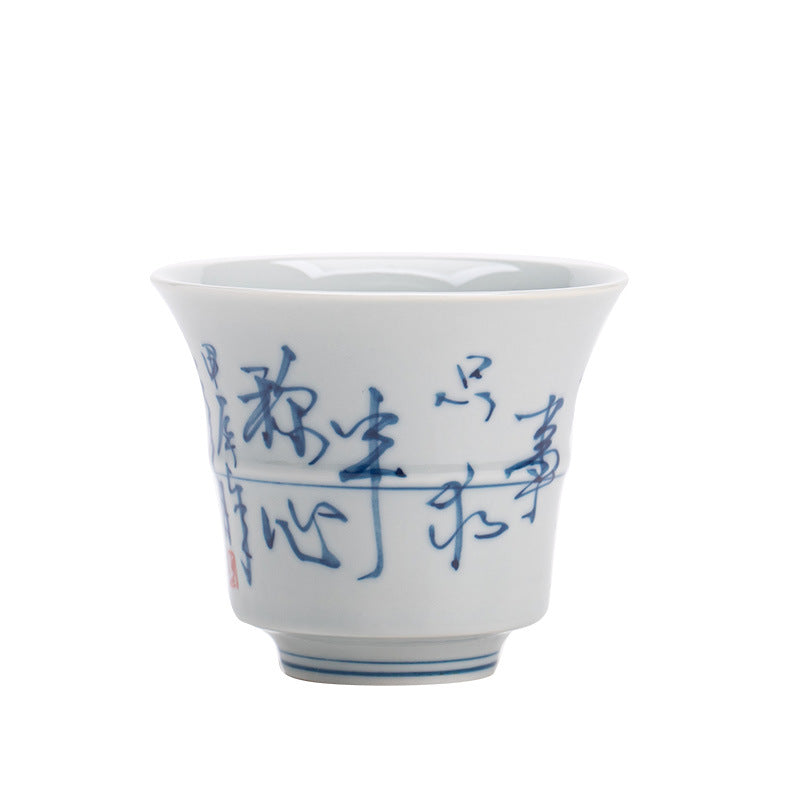 Authentic Jingdezhen Hand-Painted Blue & White Calligraphy Bamboo-Joint Master Teacup - 85ml Gongfu Teacup