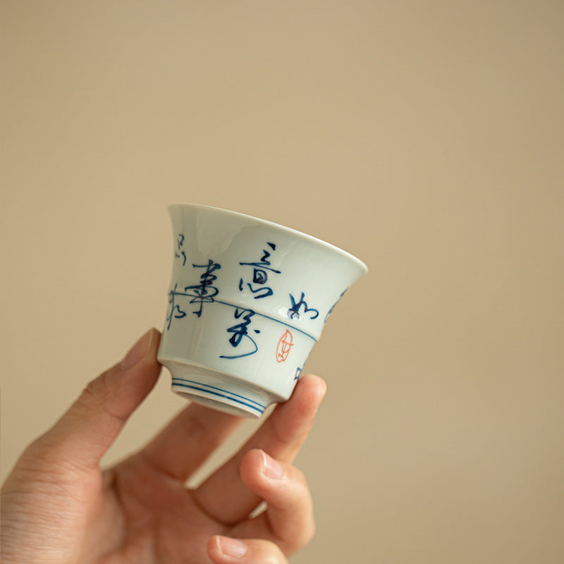 Authentic Jingdezhen Hand-Painted Blue & White Calligraphy Bamboo-Joint Master Teacup - 85ml Gongfu Teacup