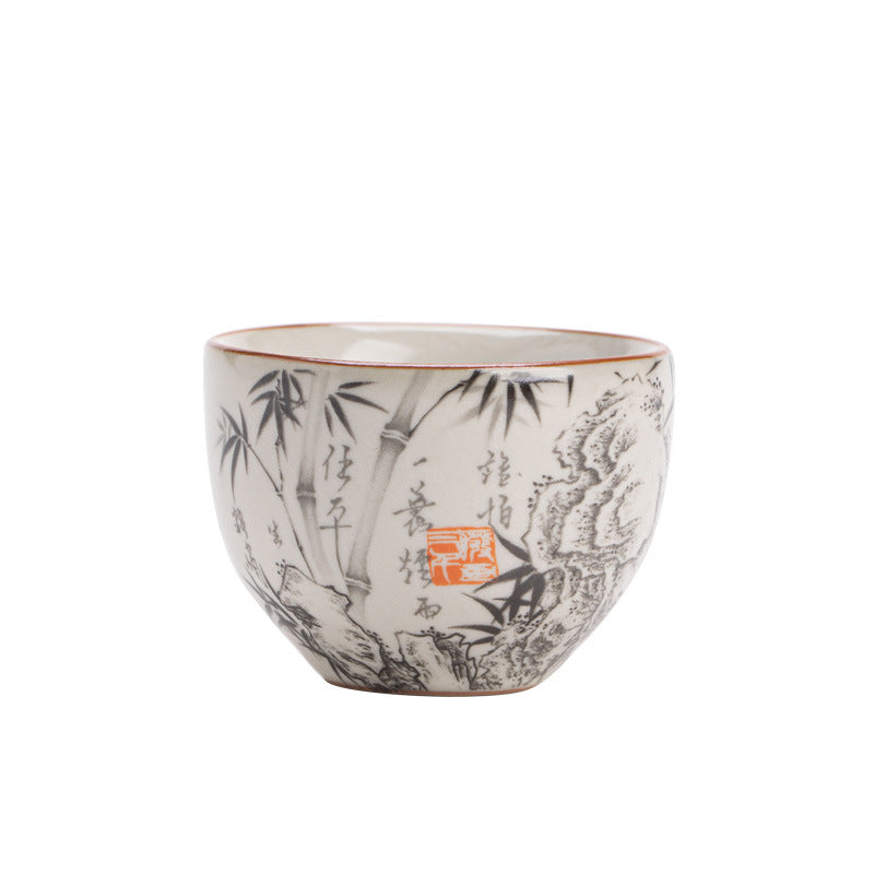 Authentic Ru Ware Celadon Crackle Hand-Painted Ink Bamboo Master Teacup - 80ml Gongfu Teacup