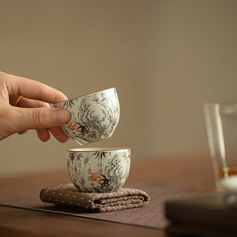 Authentic Ru Ware Celadon Crackle Hand-Painted Ink Bamboo Master Teacup - 80ml Gongfu Teacup