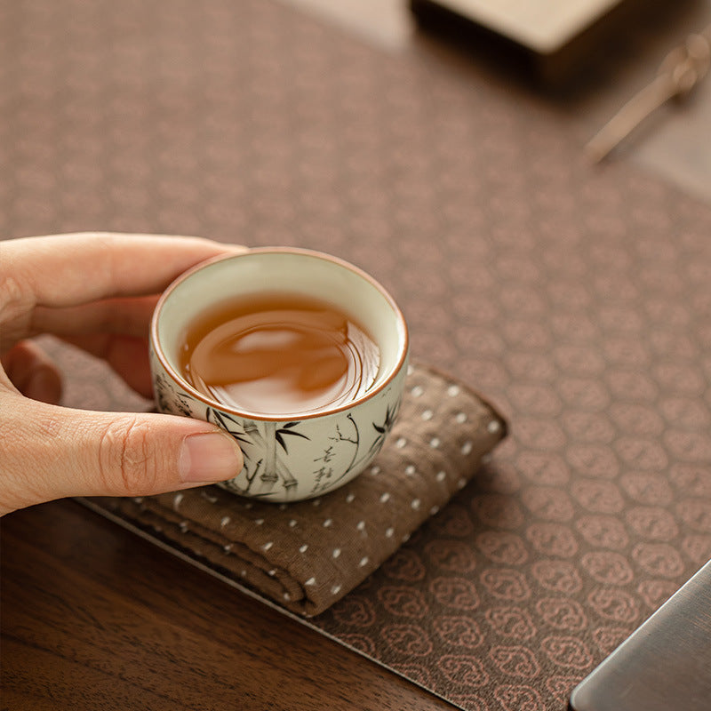 Authentic Ru Ware Celadon Crackle Hand-Painted Ink Bamboo Master Teacup - 80ml Gongfu Teacup