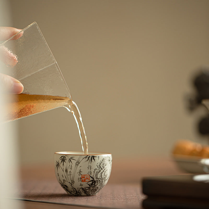 Authentic Ru Ware Celadon Crackle Hand-Painted Ink Bamboo Master Teacup - 80ml Gongfu Teacup