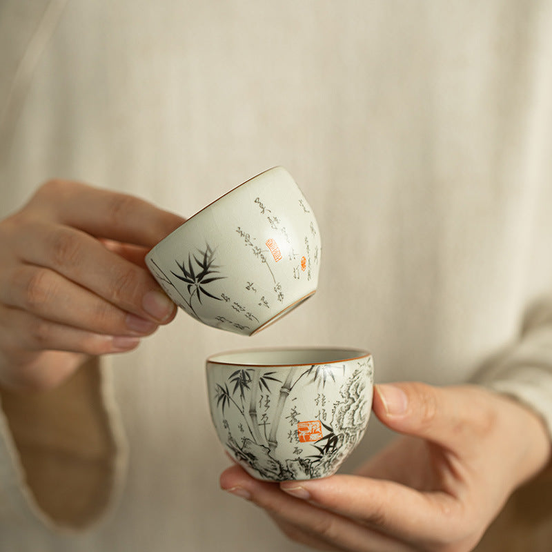 Authentic Ru Ware Celadon Crackle Hand-Painted Ink Bamboo Master Teacup - 80ml Gongfu Teacup