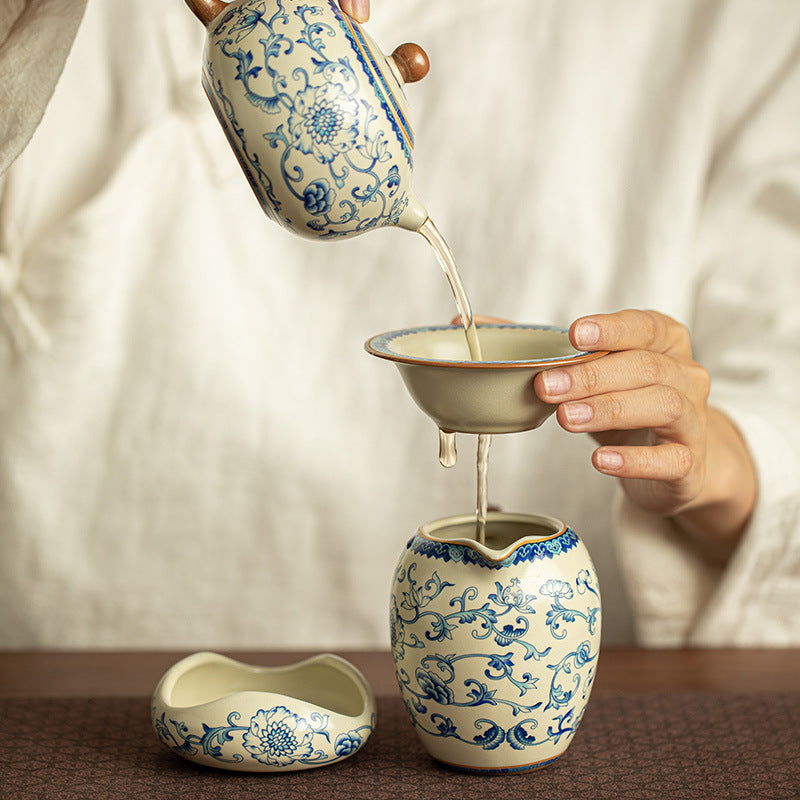Authentic Jingdezhen Hand-Painted Blue & White Interlocking Lotus Ceramic Tea Strainer Set