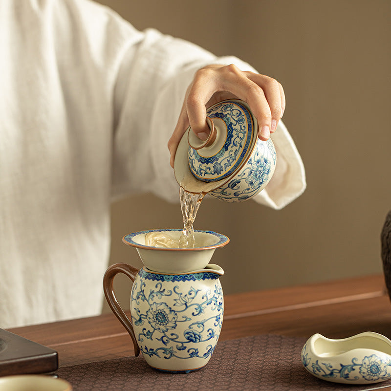 Authentic Jingdezhen Hand-Painted Blue & White Interlocking Lotus Ceramic Tea Strainer Set
