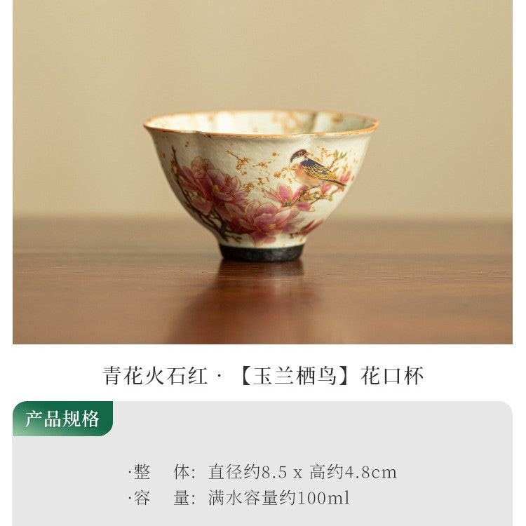 Authentic Jingdezhen Flint Red Blue & White High-Stem Scalloped Master Teacup - 85ml Gongfu Teacup