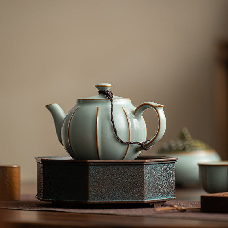 Handcrafted Dehua Ru Ware Bean-Yellow & Sky-Blue Celadon Crackle Large Teapot - 240ml Gongfu Teapot