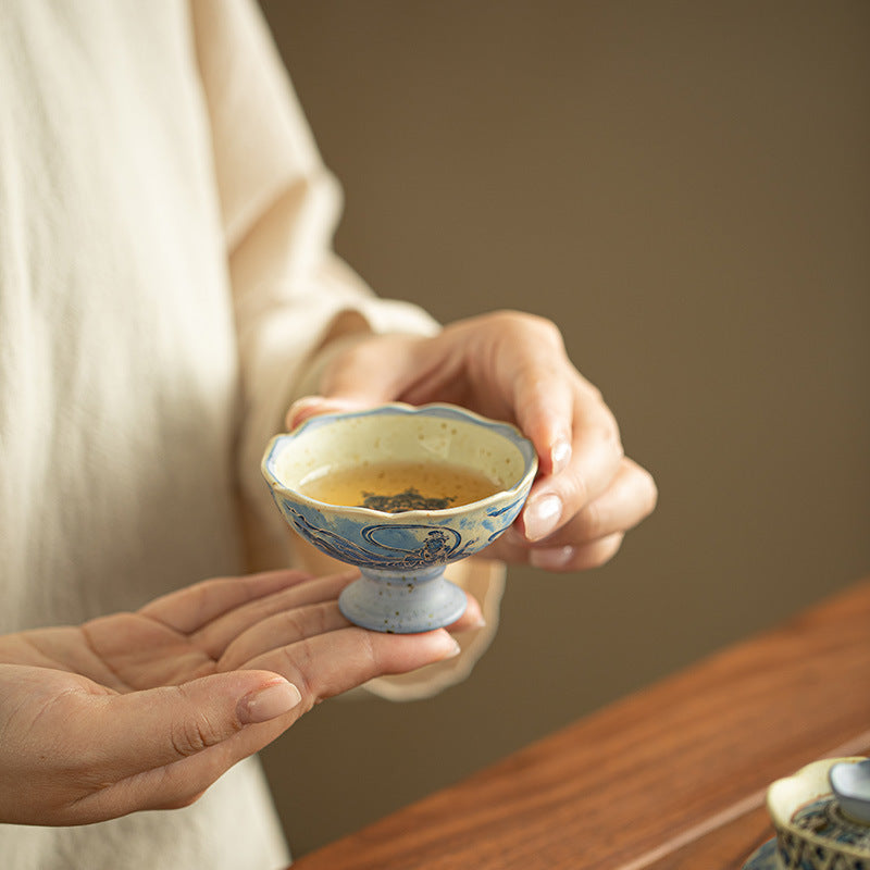 Authentic Jingdezhen Flint Red Dunhuang Flying Apsaras High-Stem Scalloped Master Teacup - 85ml Gongfu Teacup