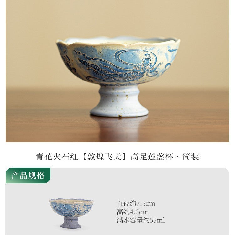 Authentic Jingdezhen Flint Red Dunhuang Flying Apsaras High-Stem Scalloped Master Teacup - 85ml Gongfu Teacup