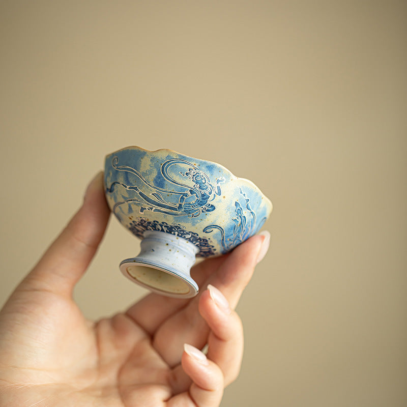 Authentic Jingdezhen Flint Red Dunhuang Flying Apsaras High-Stem Scalloped Master Teacup - 85ml Gongfu Teacup