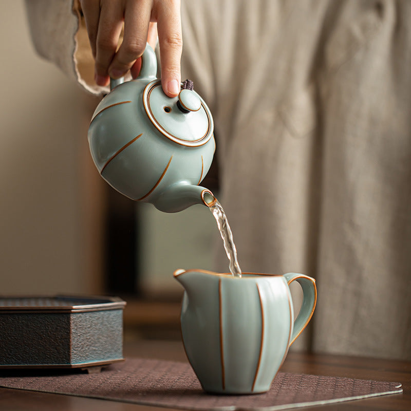 Handcrafted Dehua Ru Ware Bean-Yellow & Sky-Blue Celadon Crackle Large Teapot - 240ml Gongfu Teapot
