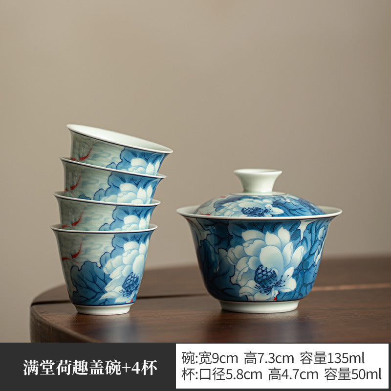 Authentic Jingdezhen Hand-Painted Blue & White Hovering Sancai Gaiwan & Chachen Tray Tea Set