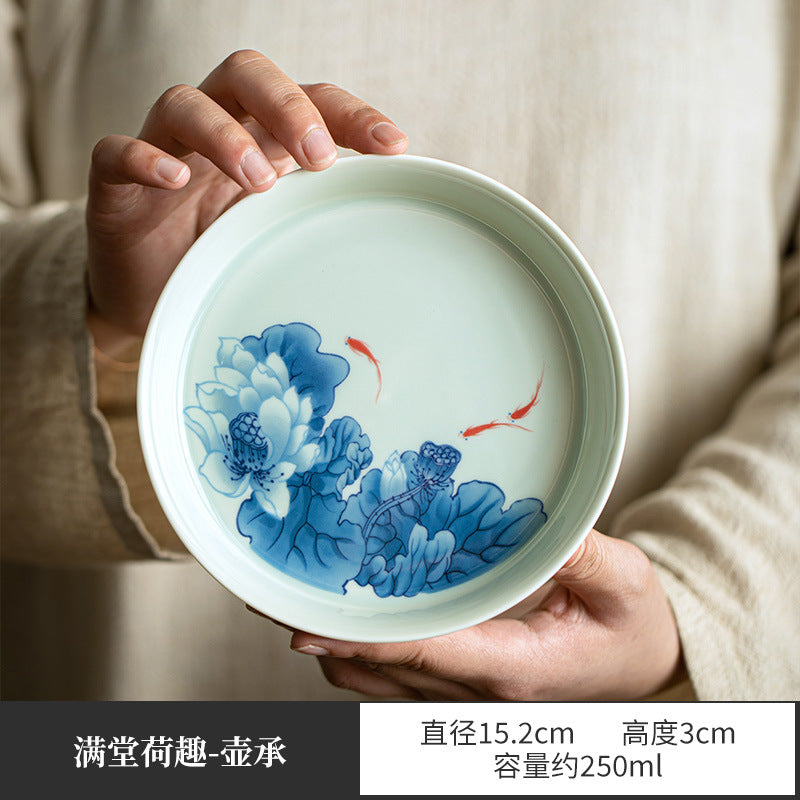 Authentic Jingdezhen Hand-Painted Blue & White Hovering Sancai Gaiwan & Chachen Tray Tea Set