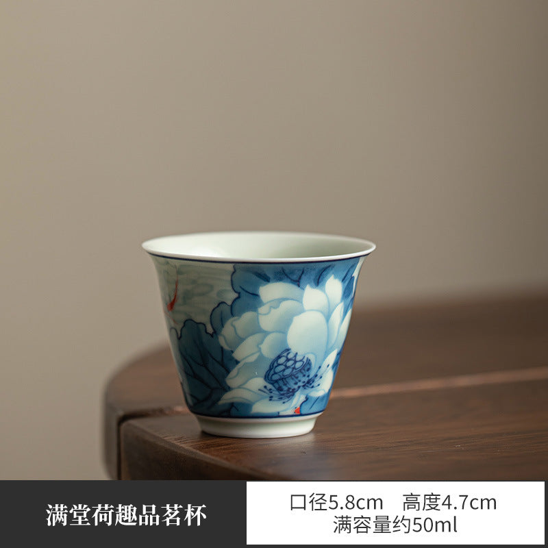 Authentic Jingdezhen Hand-Painted Blue & White Hovering Sancai Gaiwan & Chachen Tray Tea Set