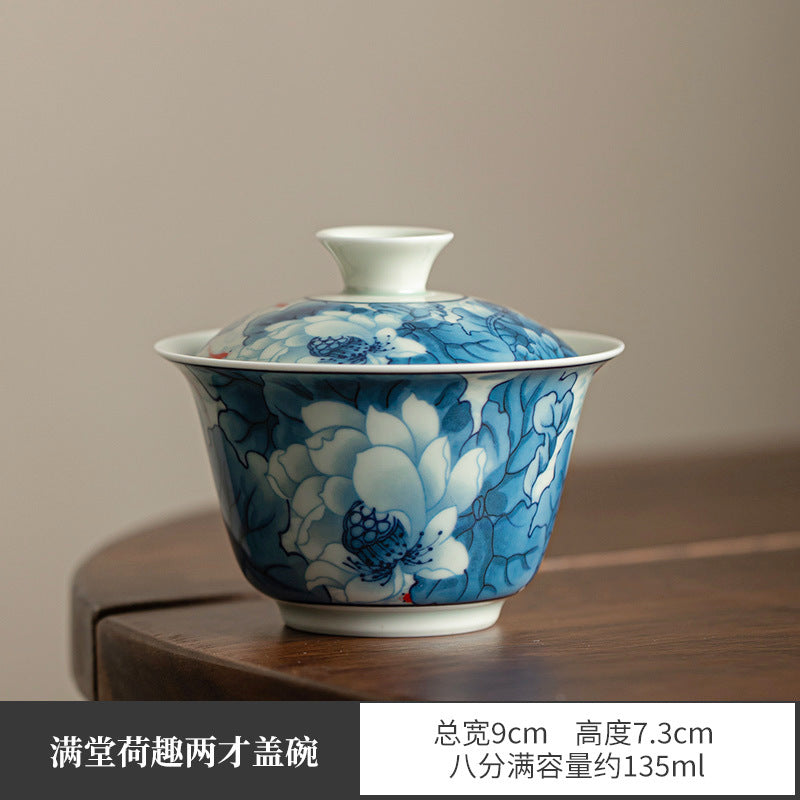 Authentic Jingdezhen Hand-Painted Blue & White Hovering Sancai Gaiwan & Chachen Tray Tea Set