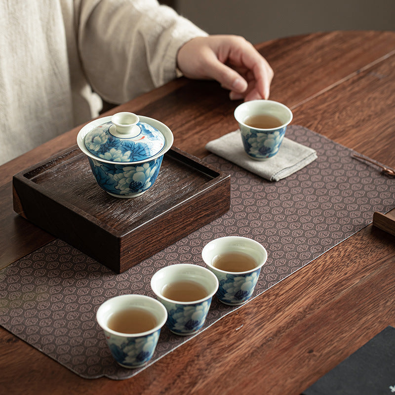 Authentic Jingdezhen Hand-Painted Blue & White Hovering Sancai Gaiwan & Chachen Tray Tea Set