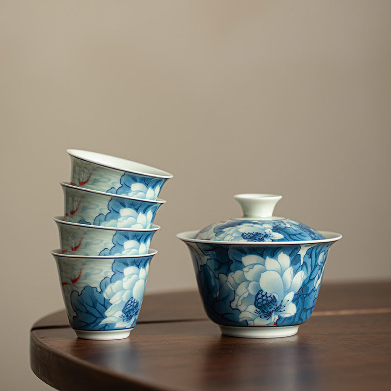 Authentic Jingdezhen Hand-Painted Blue & White Hovering Sancai Gaiwan & Chachen Tray Tea Set