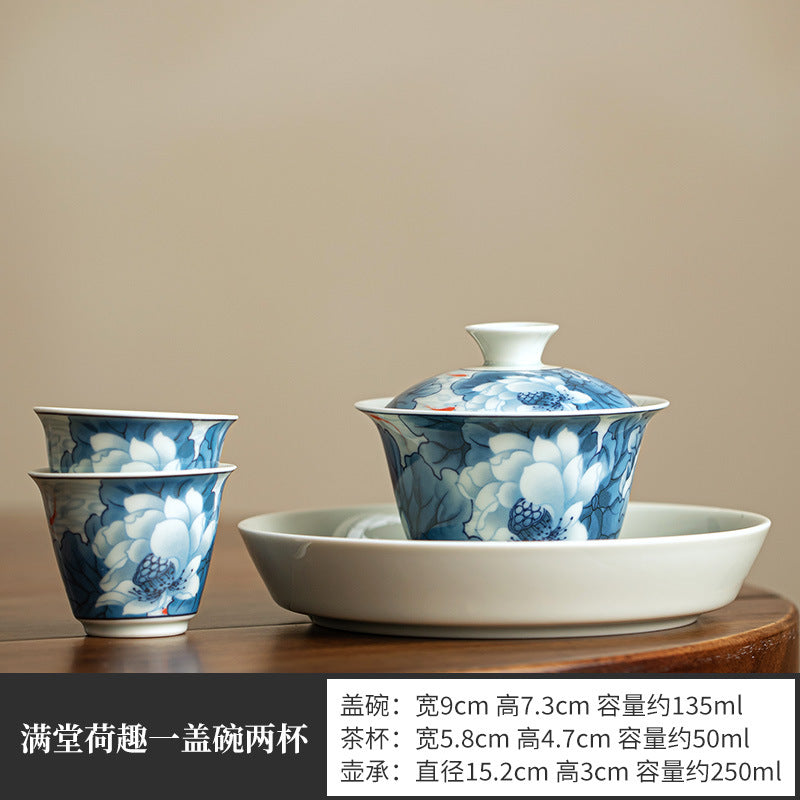 Authentic Jingdezhen Hand-Painted Blue & White Hovering Sancai Gaiwan & Chachen Tray Tea Set