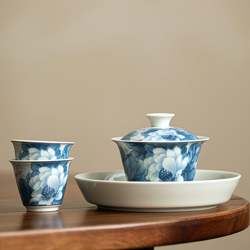 Authentic Jingdezhen Hand-Painted Blue & White Hovering Sancai Gaiwan & Chachen Tray Tea Set