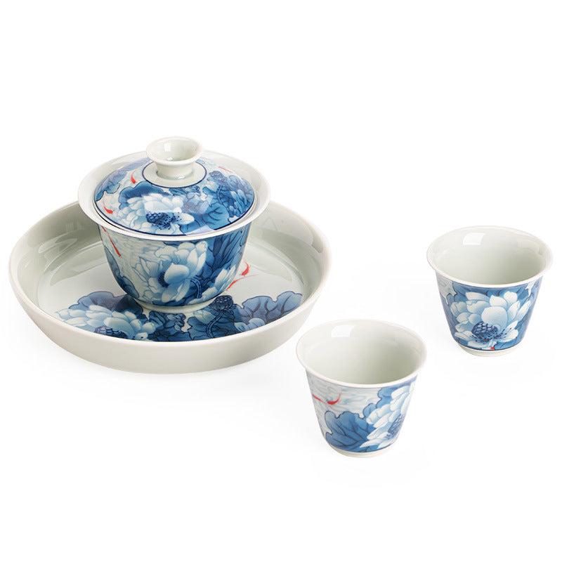 Authentic Jingdezhen Hand-Painted Blue & White Hovering Sancai Gaiwan & Chachen Tray Tea Set