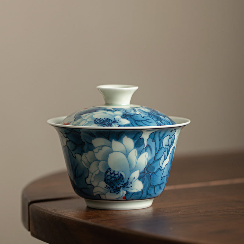 Authentic Jingdezhen Hand-Painted Blue & White Hovering Sancai Gaiwan & Chachen Tray Tea Set